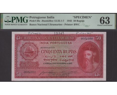 Banco Nacional Ultramarino, Portuguese India, printers archival specimen 50 Rupias, 29 November 1945, serial number range 000