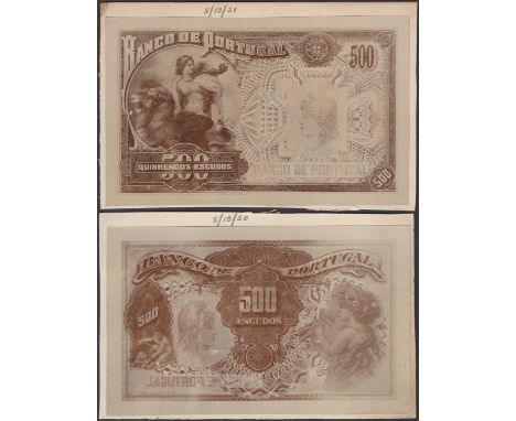 Banco de Portugal, obverse and reverse archival photographs showing designs for the 500 Escudos of 1922, similar in almost al