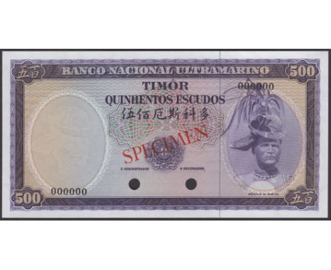 Banco Nacional Ultramarino, Timor, colour trial 500 Escudos, ND (1963), serial number 000000, violet print, red SPECIMEN over
