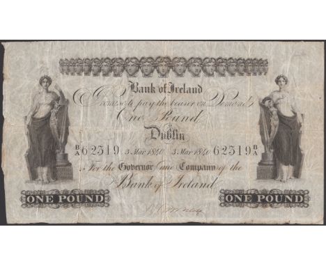 Bank of Ireland, £1, Dublin, 3 March 1840, serial number B/A 62319, manuscript signature, lovely clean paper, a few pinholes 