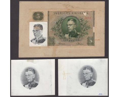 Sveriges Riksbank, composite essay for 5 Kronors, dated 1952, the central portrait and decorative frame hand executed to the 