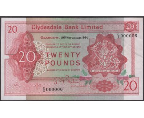 Clydesdale Bank Limited, £20, 19 November 1964, serial number C/A 000006, Fairbairn signature, light handling, original about