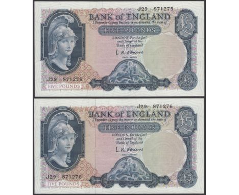 Bank of England, Leslie K. O’Brien, £5 (4), 12 July 1961, consecutive serial numbers J29 871275-78, light handling, about unc
