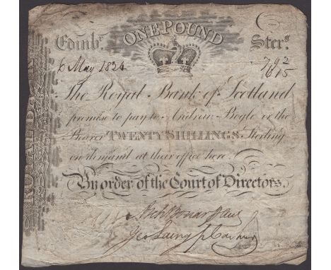 Royal Bank of Scotland, 20 Shillings or £1, 6 May 1824, serial number 792/615, two manuscript signatures, annotation on rever