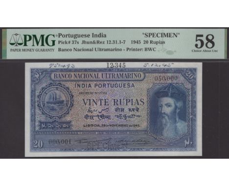 Banco Nacional Ultramarino, Portuguese India, printers archival specimen 20 Rupias, 29 November 1945, serial number range 000