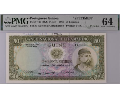 Banco Nacional Ultramarino, Portuguese Guinea, printers archival specimen 50 Escudos, 17 December 1971, serial number range 0