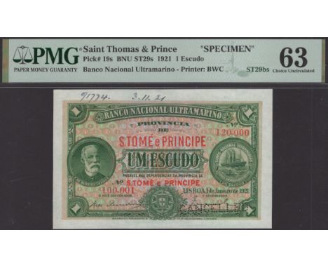 Banco Nacional Ultramarino, St Thomas & Prince, printers archival specimen 1 Escudo, 1 January 1921, serial number range 100,