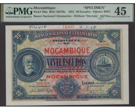 Banco Nacional Ultramarino, Mozambique, printers archival specimen 20 Escudos, 1 January 1921, serial number range 788,001 to