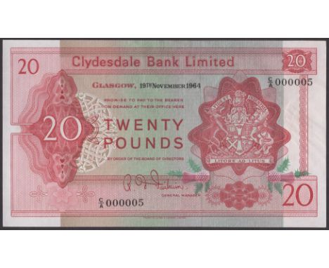 Clydesdale Bank Limited, £20, 19 November 1964, serial number C/A 000005, Fairbairn signature, light handling and creasing in