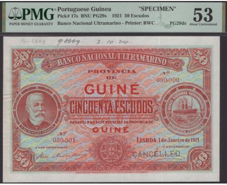 Banco Nacional Ultramarino, Portuguese Guinea, printers archival specimen 50 Escudos, 1 January 1921, serial number range 059