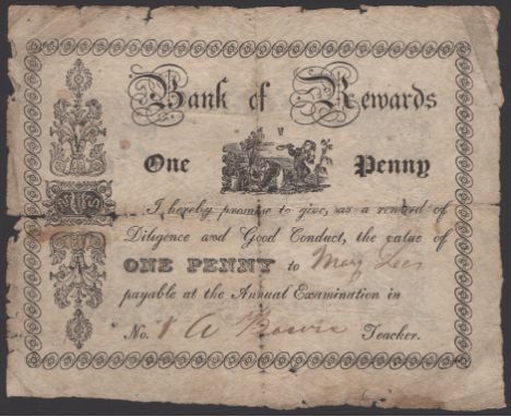 Bank of Rewards, a beautifully produced little note for 1 Penny, date unknown, serial number 1, promising to ‘give, as a rewa