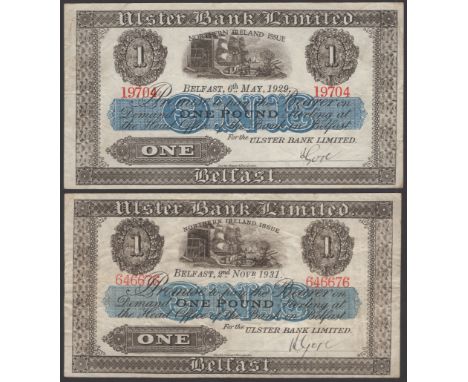 Ulster Bank Limited, £1 (2), 6 May 1929, serial number 19704 and 2 November 1931, serial number 646676, manuscript Gore signa
