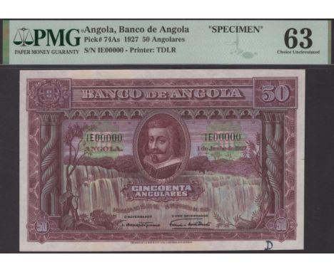 Banco de Angola, specimen 50 Angolares, 1 June 1927, black serial number IE00000, ink numerals D and X in lower margins, two 