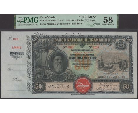 Banco Nacional Ultramarino, Cape Verde, printers archival specimen 50 Mil Reis, 1 March 1909, serial number range 1001 to 150