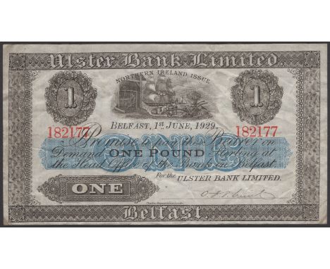Ulster Bank Limited, £1, 1 June 1929, serial number 182177, manuscript Irvine signature, clean and original paper, very fine 