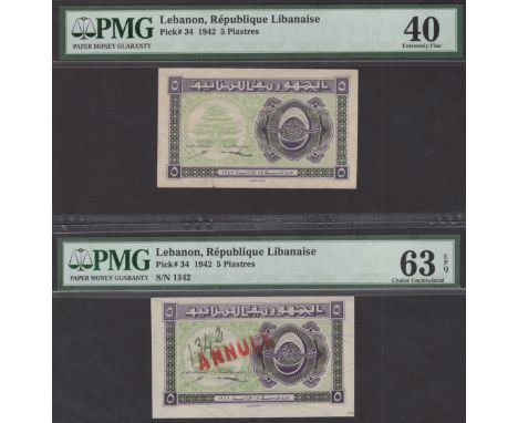 Republique Libanaise, 5 Piastres, 15 July 1942 (2), one without serial number, the other with serial number 1342, red ANNULE 