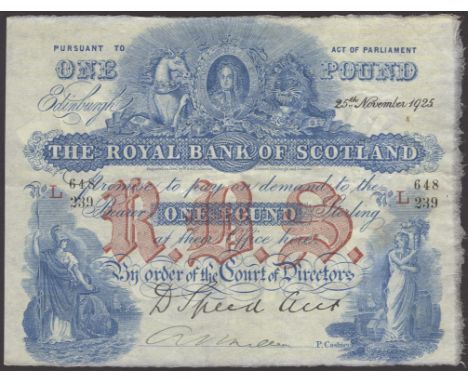 Royal Bank of Scotland, £1, 25 November 1925, serial number L 648/239, Speed and one additional manuscript signature, origina