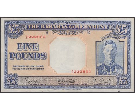 Bahamas Government, £5, 1936 (1947), serial number A/2 222855, Higgs, Latreille and Burnside signatures, light central bend, 