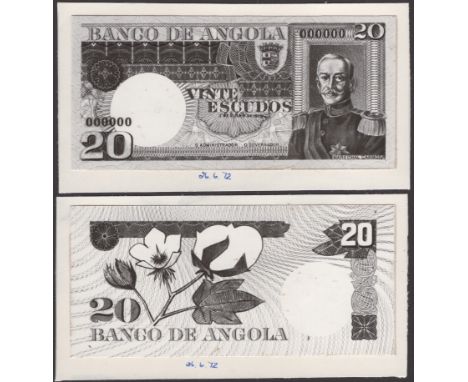 Banco de Angola, black and white photographs showing unadopted designs for the obverse and reverse of the 20 Escudos of 1973,