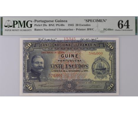 Banco Nacional Ultramarino, Portuguese Guinea, printers archival specimen 20 Escudos (2), 17 November 1945, serial number ran