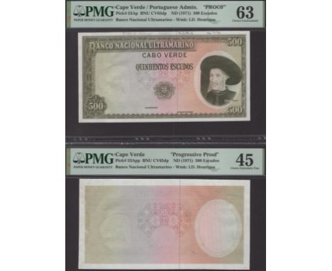 Banco Nacional Ultramarino, Cape Verde, pair of proofs for 500 Escudos (2), ND (1971), first fully printed on both sides, sec