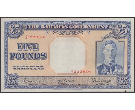 Bahamas Government, £5, 1936 (1947), serial number A/2 222856, Higgs, Latreille and Burnside signatures, light central bend, 
