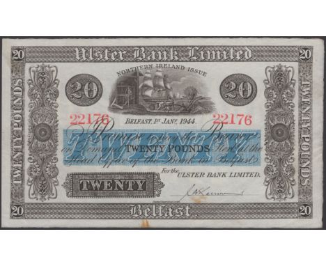 Ulster Bank Limited, £20, 1 January 1944, serial number 22176, manuscript Larmour signature, a few small stains but a very at