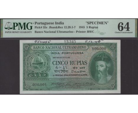 Banco Nacional Ultramarino, Portuguese India, printers archival specimen 5 Rupias, 29 November 1945, serial number range 000,