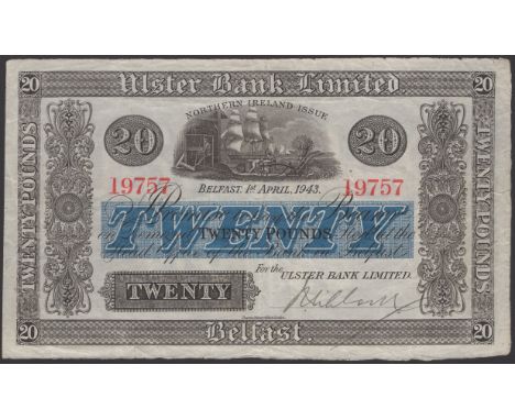 Ulster Bank Limited, £20, 1 April 1943, serial number 19757, manuscript Niblock signature, a few edge nicks, original very fi