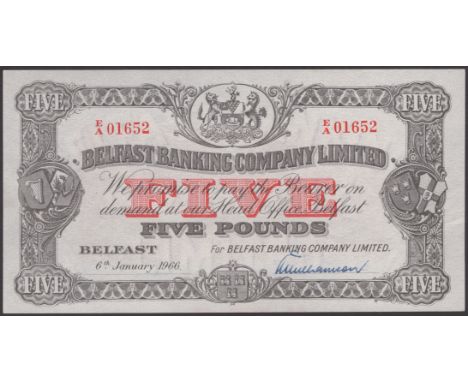 Belfast Banking Company Limited, £5, 6 January 1966, serial number E/A 01652, light handling, about uncirculated to uncircula