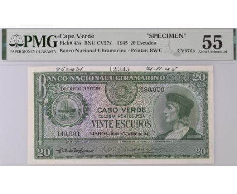 Banco Nacional Ultramarino, Cape Verde, printers archival specimen 20 Escudos (2), 16 November 1945, serial number ranges 140