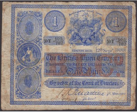 British Linen Company, £1, 12 September 1888, serial number Y 105/782, Martine and one other manuscript signature, stained bu