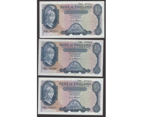 Bank of England, Leslie K. O’Brien, £5 (3), 12 July 1961, serial number C26 720349, and H82 847014-15, uncirculated (3 notes)