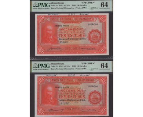 Banco Nacional Ultramarino, Mozambique, printers archival specimen 100 Escudos (2), 29 November 1945, serial number ranges 95