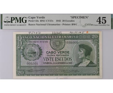 Banco Nacional Ultramarino, Cape Verde, printers archival specimen 20 Escudos, 16 November 1945, serial number range 000,001 