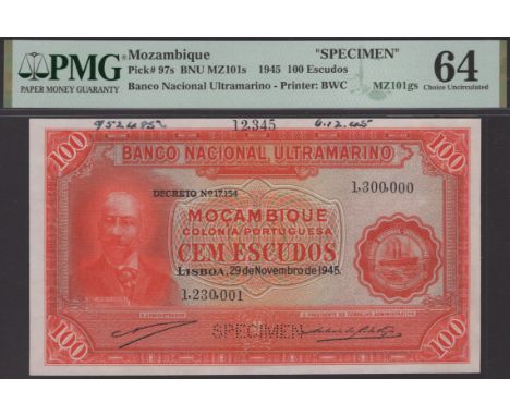 Banco Nacional Ultramarino, Mozambique, printers archival specimen 100 Escudos, 29 November 1945, serial number range 1,230,0