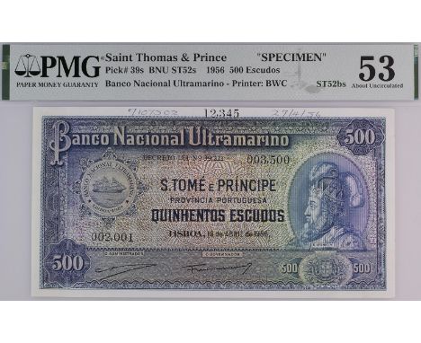 Banco Nacional Ultramarino, St Thomas & Prince, printers archival specimen 500 Escudos (3), 18 April 1956, serial number rang