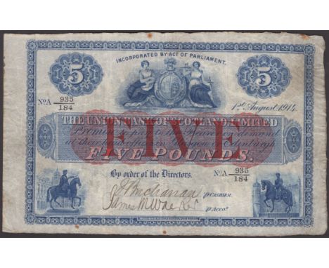 Union Bank of Scotland, £5, 1 August 1914, serial number A 935/184, two manuscript signatures, several foxing spots, original