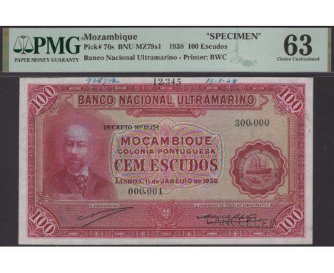 Banco Nacional Ultramarino, Mozambique, printers archival specimen 100 Escudos, 11 January 1938, serial number range 000,001 