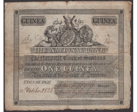 National Bank of Scotland, 1 Guinea, 11 October 1825, serial number A53/240, two manuscript signatures, small edge splits at 