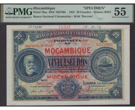 Banco Nacional Ultramarino, Mozambique, printers archival specimen 20 Escudos, 1 January 1921, serial number range A000,001 t