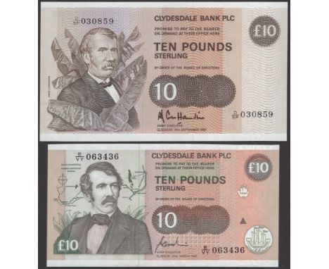 Clydesdale Bank PLC, £10, 18 September 1987, serial number D/SP 030859, Hamilton signature, also £10, 22 March 1996, serial n
