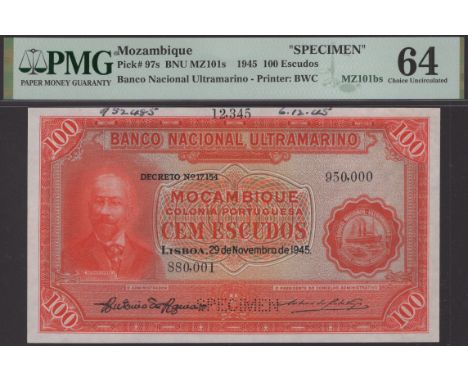 Banco Nacional Ultramarino, Mozambique, printers archival specimen 100 Escudos, 29 November 1945, serial number range 880,001