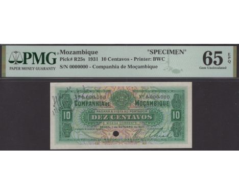 Companhia de Mocambique, specimen 10 Centavos, 1 October 1931, serial number 0,000,000, one small cancellation hole, printed 