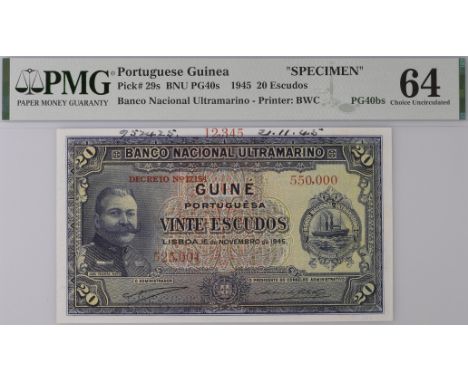 Banco Nacional Ultramarino, Portuguese Guinea, printers archival specimen 20 Escudos (3), 17 November 1945, serial number ran