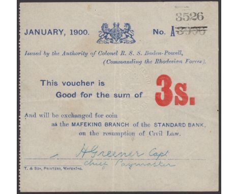 Siege of Mafeking, 3 Shillings, January 1900, serial number 3526, serial number 3006 struck through and altered, no dot on fi