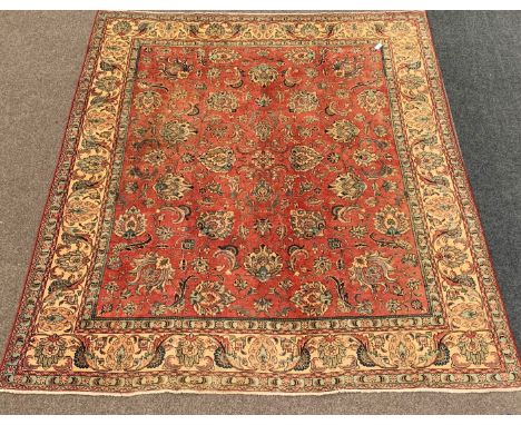 Persian Tabriz ground carpet, with interlaced foliate on red field, double guarded ivory border, 300cm x 345cm Condition Repo