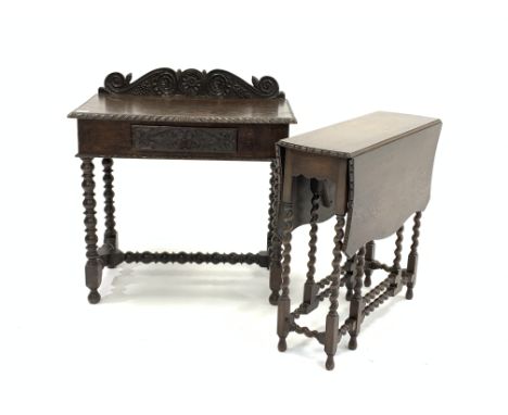 17th century design carved oak side table, with frieze drawer raised on bobbin turned supports, (W78cm) and a small oak gate 