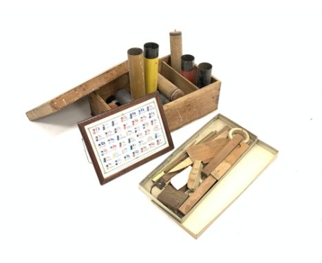 Various model ship funnels in 19th century pine box and a print titled 'House flags and funnels of the principal steamship li