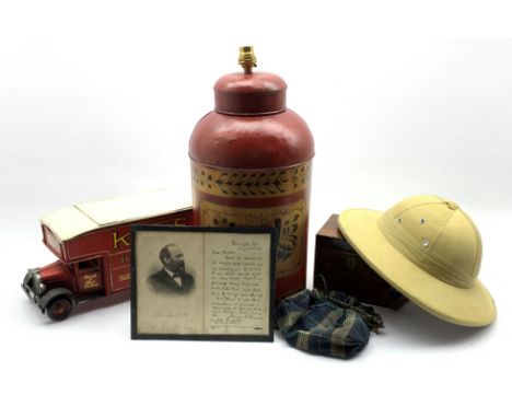 Tea canister converted to a lamp, modern 'Kemp's Biscuits' tin in the form of a vintage truck, single division tea caddy with